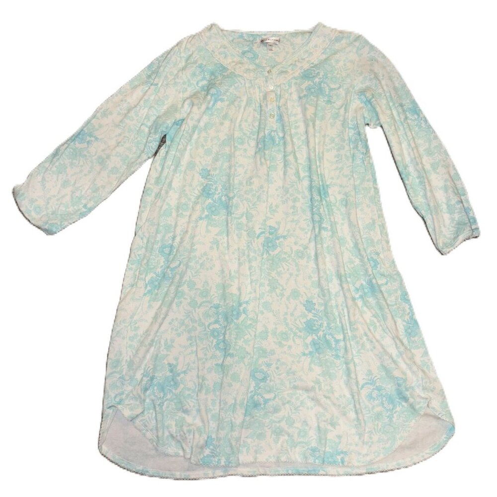 Miss Elaine Womens Floral Long Sleeve Nightgown Blue/White Lace Accents Size XL